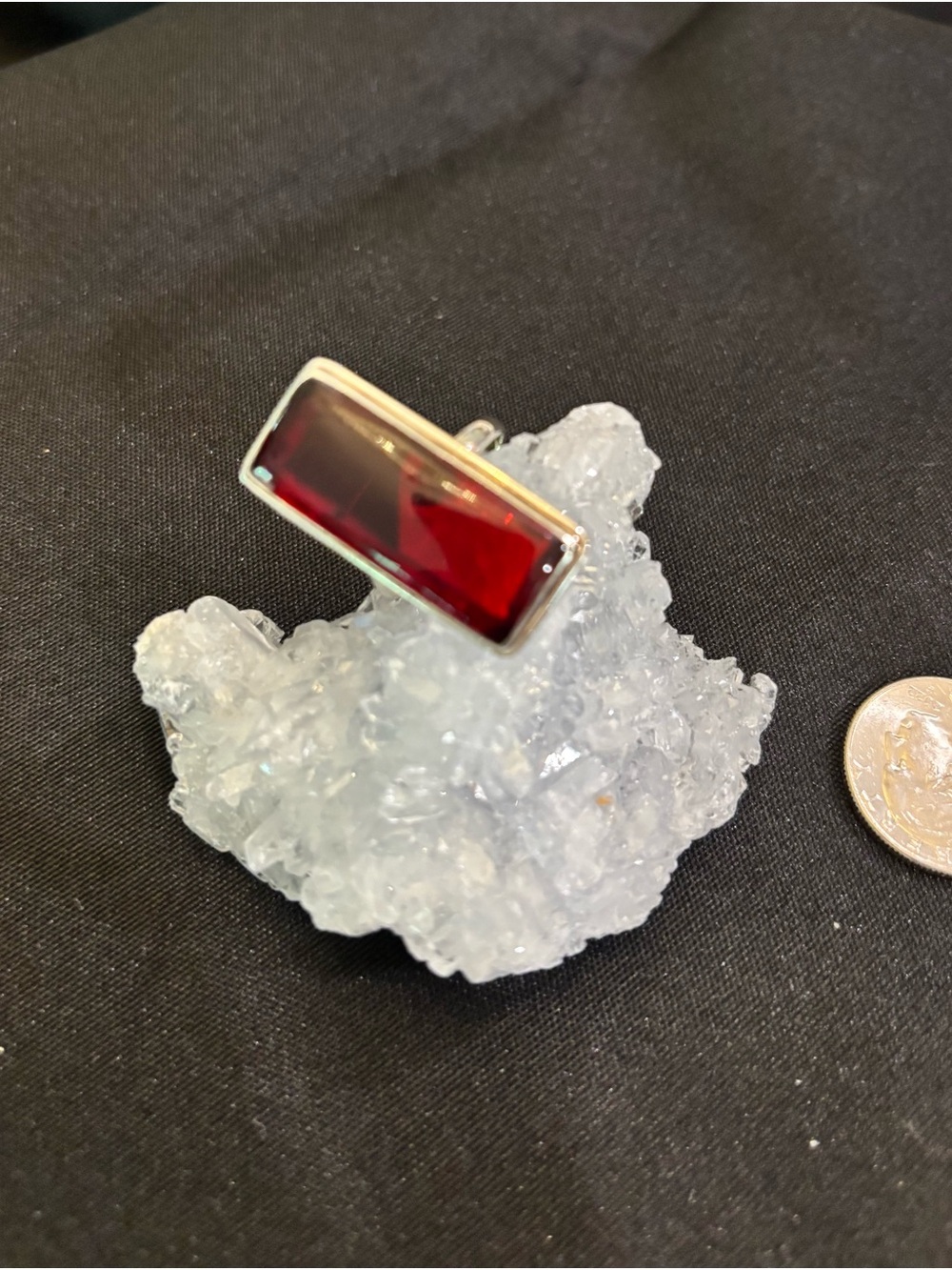 Rectangular Deep Red Glass Stone Ring in Sterling Silver, size 10